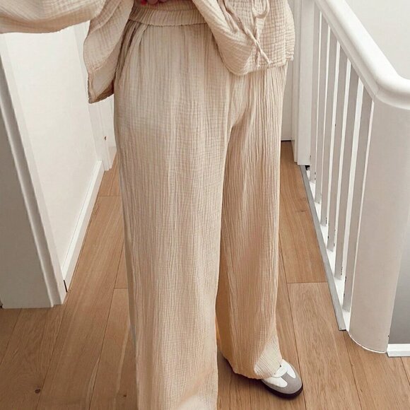 Apricot Casual Women's Lantern Sleeve Tie Waist Top & High Waist Pants Set - Picture 4 of 8